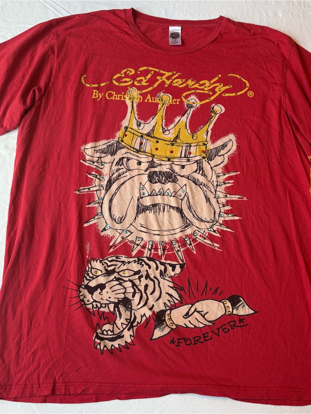 Red Ed Hardy by Christian Audigier Vintage Tee Rhinestone Embellished Bulldog